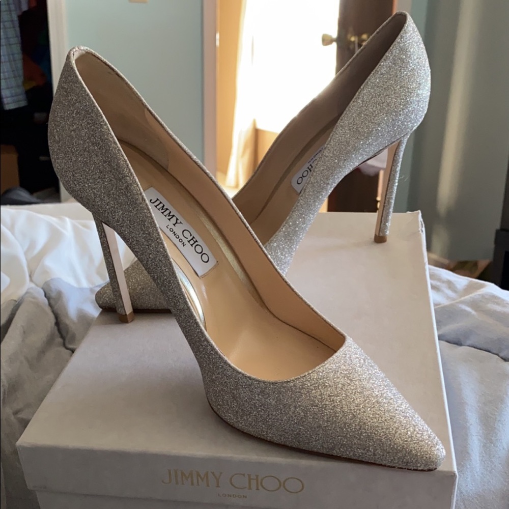 Jimmy Choo 100mm Romy Platinum Pumps Size 40
